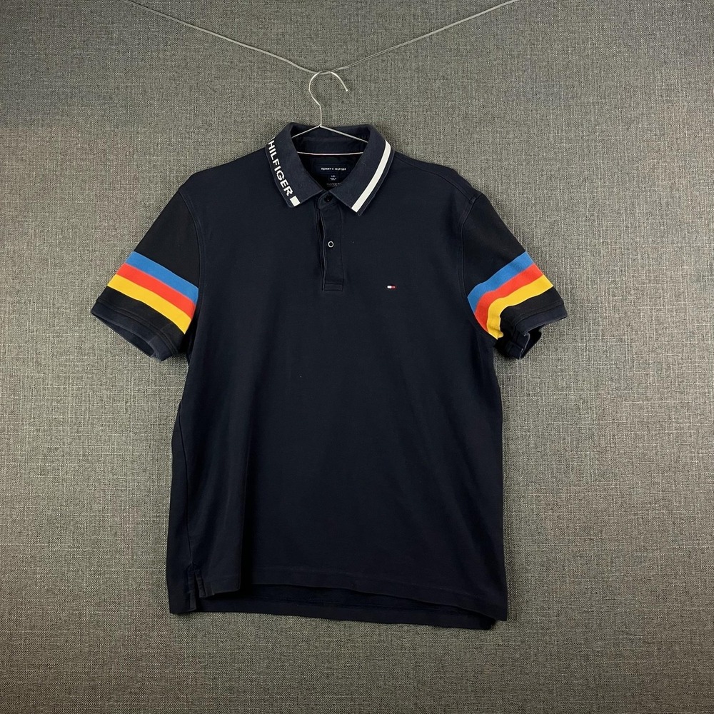 Tommy Hilfiger Polo Shirt Mens Large Navy Blue Custom Fit Color Block Rugby Logo